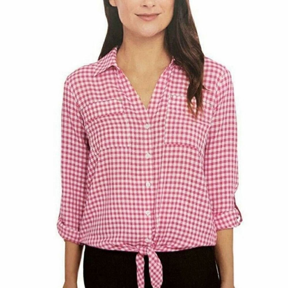 NWT JONES NEW YORK "BABY GINGHAM PINK" BLOUSE TIES IN THE FRONT W/ POCKETS SZ.M
